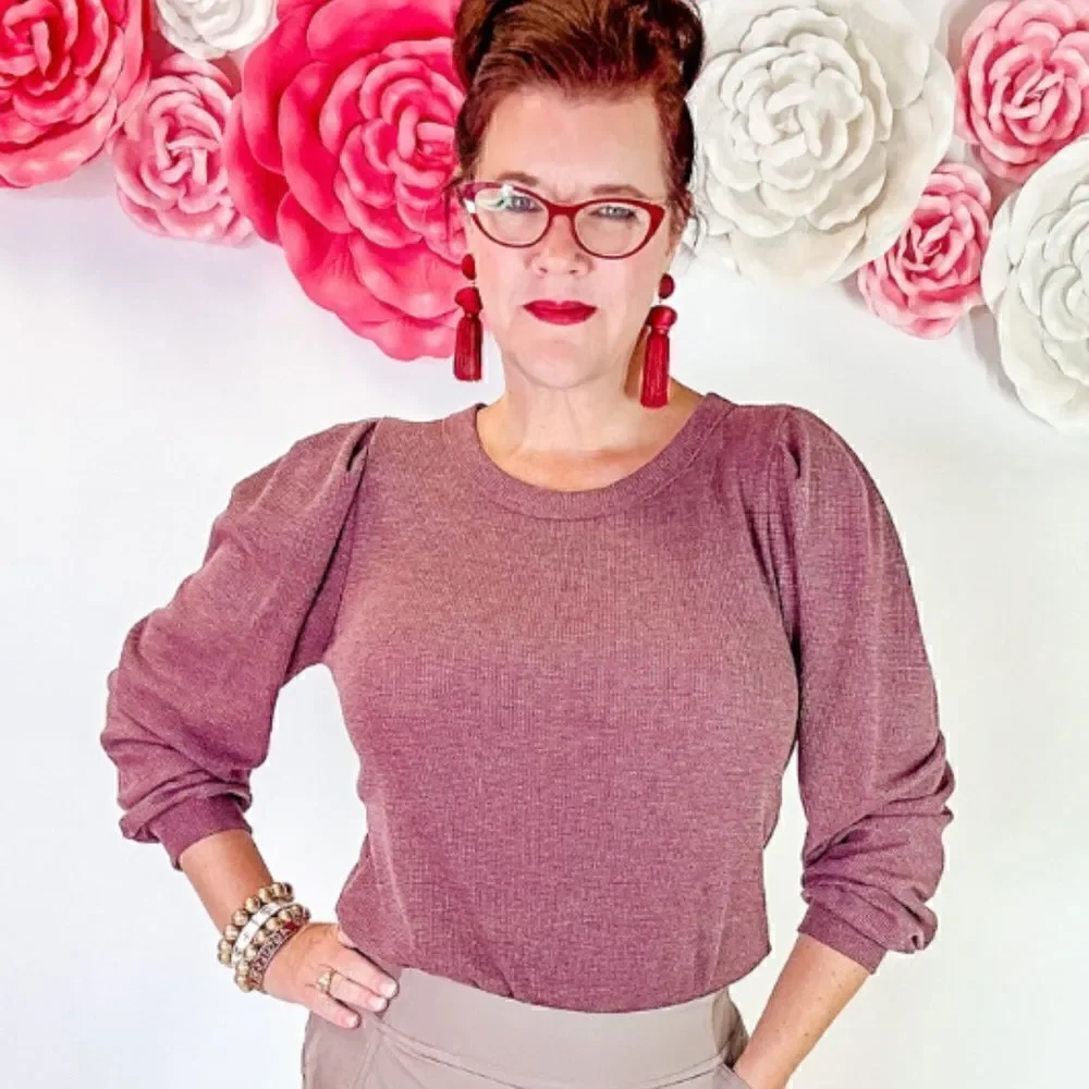 Thermal Puff Sleeve Crew Neck Top - Picture 3 of 5